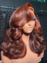 Copper Red Highlight Ombre Colored Human Hair Wig Layered Body Wave Ready To Go Wigs with Curtain Bangs